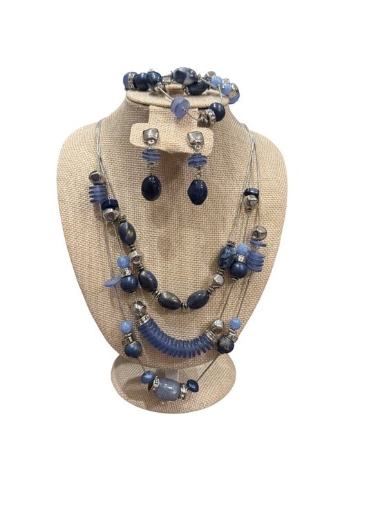 Chicos Jewelry - Chicos Blue Multi-Strand Necklace Bracelet & Earrings Set w Silver-Tone Accents